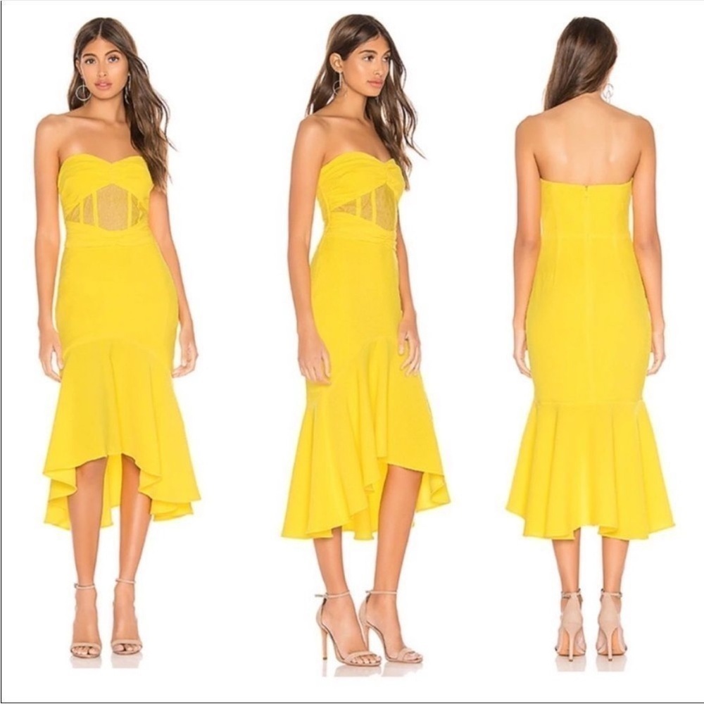 NBD Alano ruffle strapless dress in Canary yellow